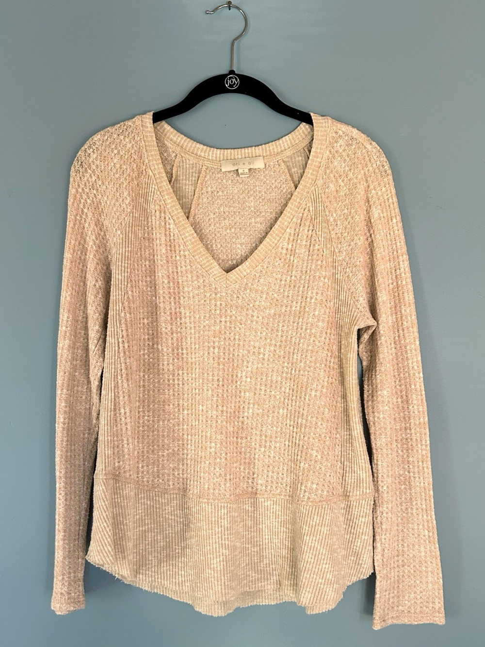 Anthropologie V Neck Flowy Sweater Beige Waffle Knit Small